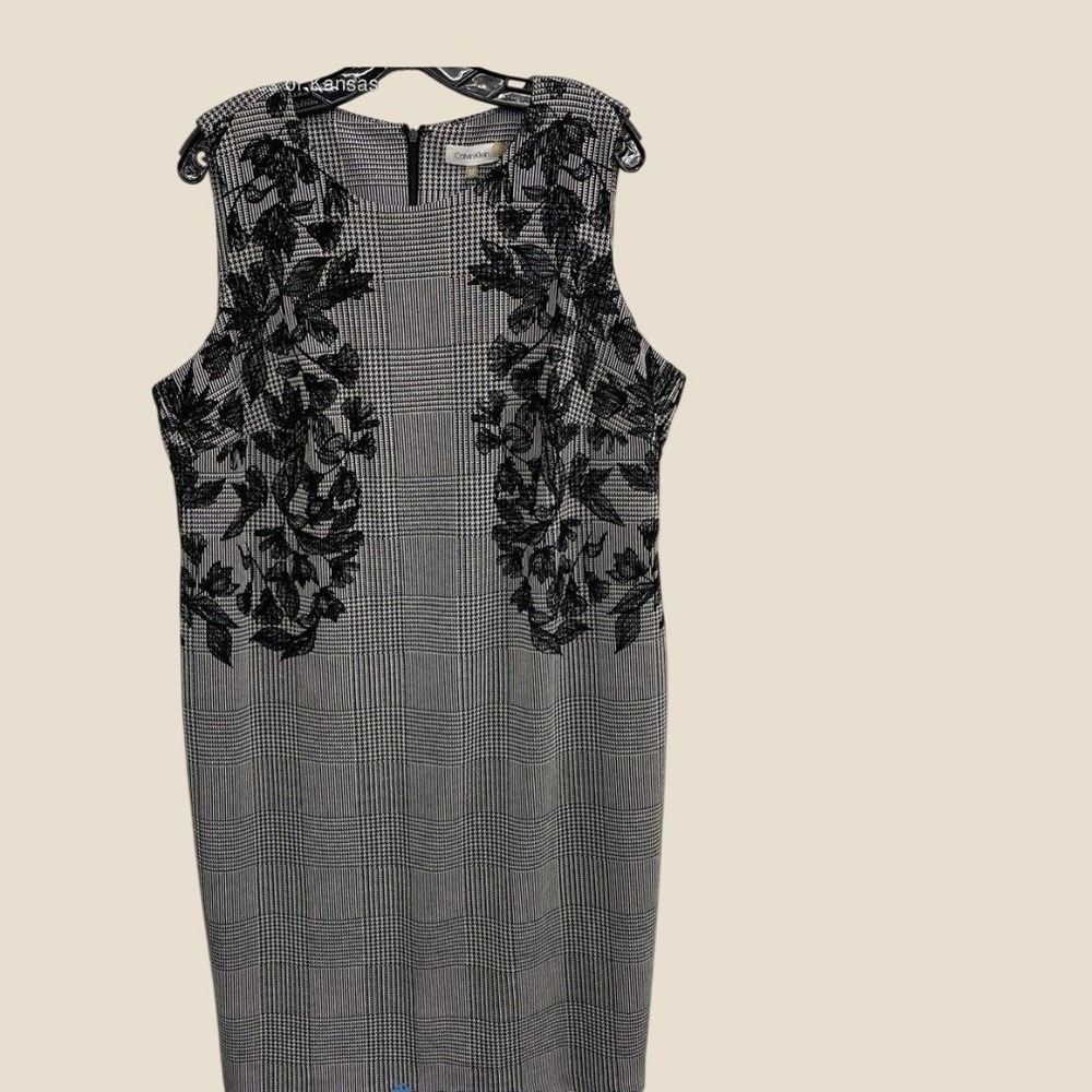 Calvin Klein Grey Glen Plaid Floral Embroidered Sheath Dress Plus Size 16W